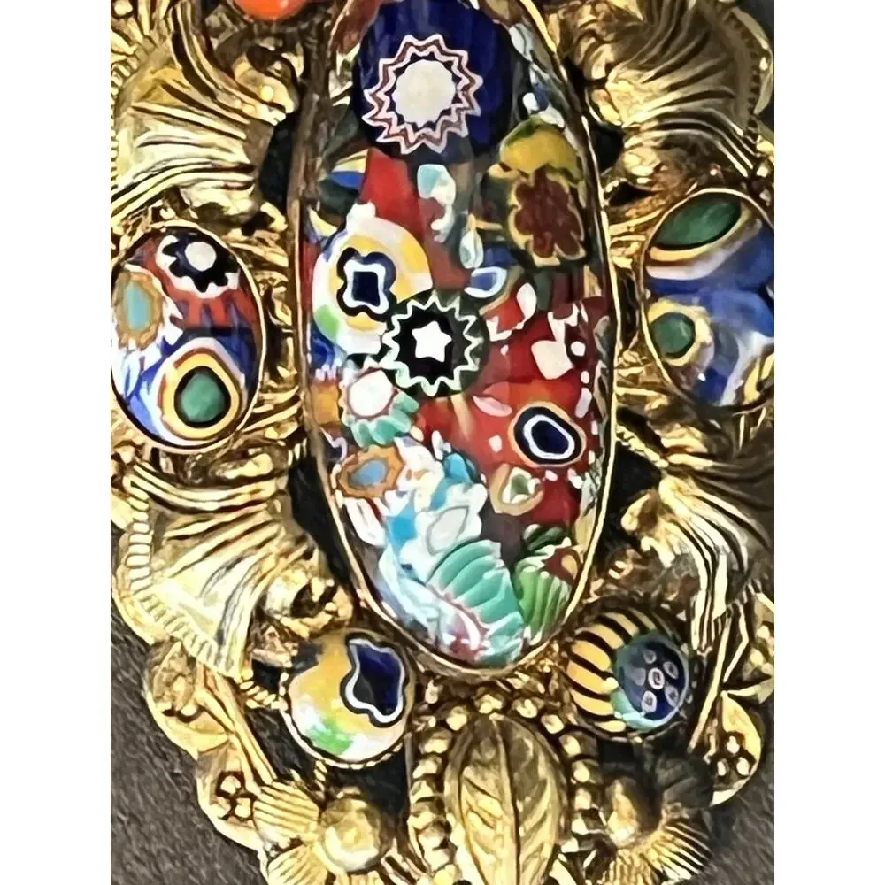 Vintage Millefiori Glass Cabuchon Brass Large Pin Brooch Gold Tone 2.5”